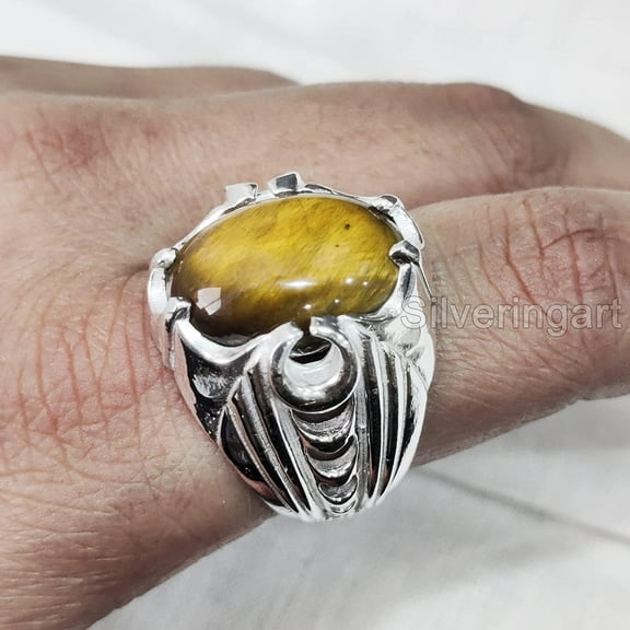 Tiger Eye Mans Ring, Natural Tiger Eye Ring, Birthstone Ring, Silver Jewelry, 925 Silver Ring, Birthday Gift, Heavy Mens Ring, Arabic Design, Ottoman Style Ring, Christmas, Turkey Mens Signet Ring