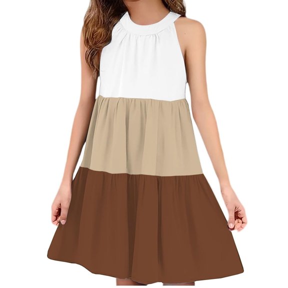 ZACPNCV Girls' Sleeveless Color Block Dress Summer Casual Sundress Skater Swing Twirly Halter Dress Brown 5-6 Years