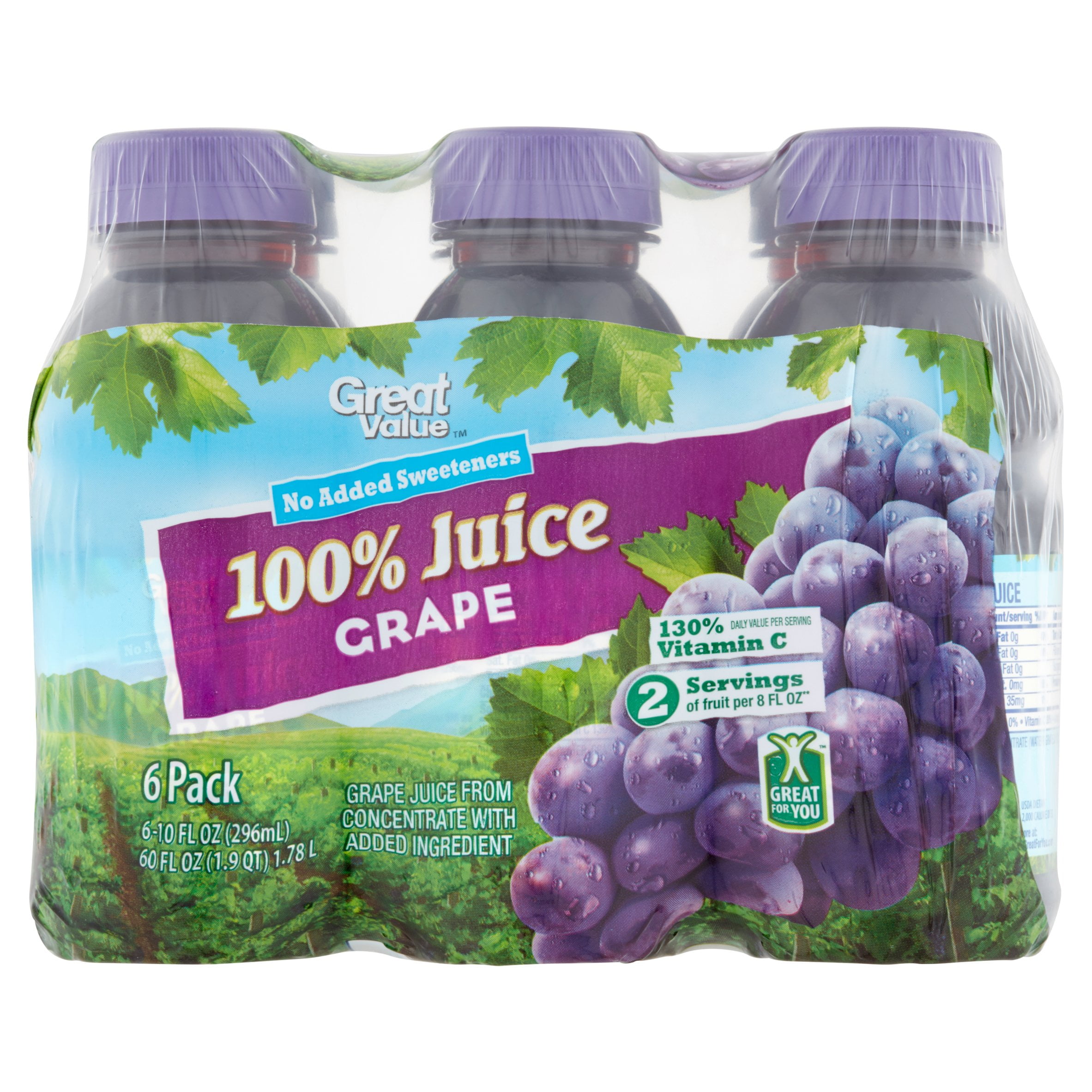 Great Value 100 Grape Juice, 10 Fl. Oz., 6 Count