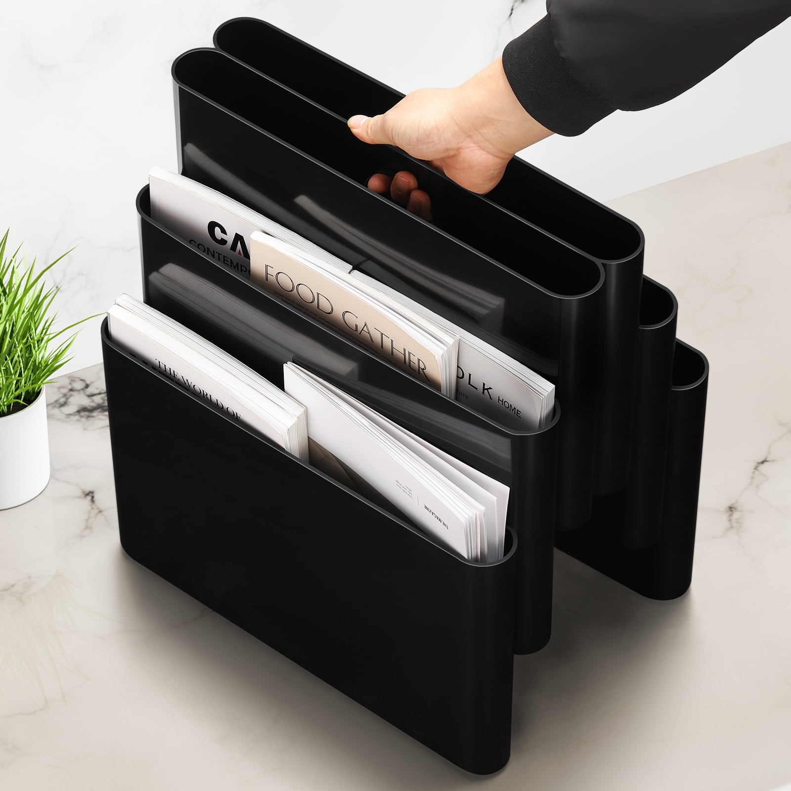 Freestanding Six Pocket Plastic Magazine Rack File Holder, Black