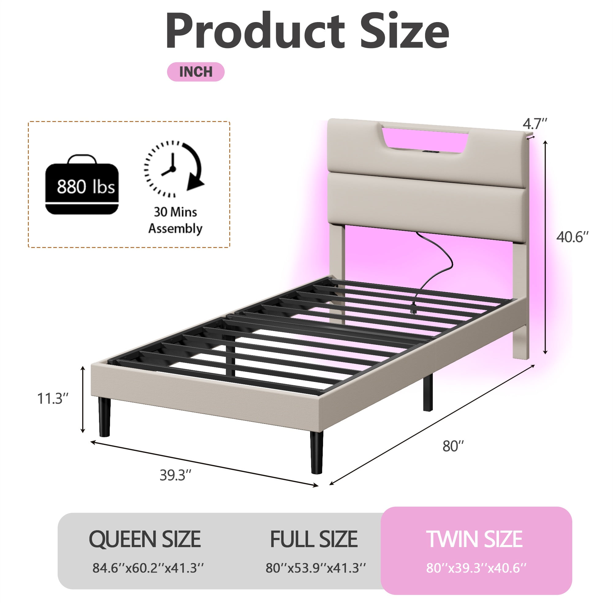 Tydimor Beige Fine Linen Fabric Bed Frame with LED Lights & Charge Station, Twin Size Bed Frame with Upholstered Headboard, No Box Spring Needed