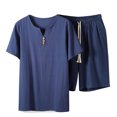 thumbnail image 3 of VBTAPA Mens Summer Beach Outfits 2 Piece Short Sleeve Button T Shirt and Drawstring Waist Shorts Set Big and Tall Matching Lounge Set with Pockets Lightning Sales of Today Dark Blue XXXXL, 3 of 8