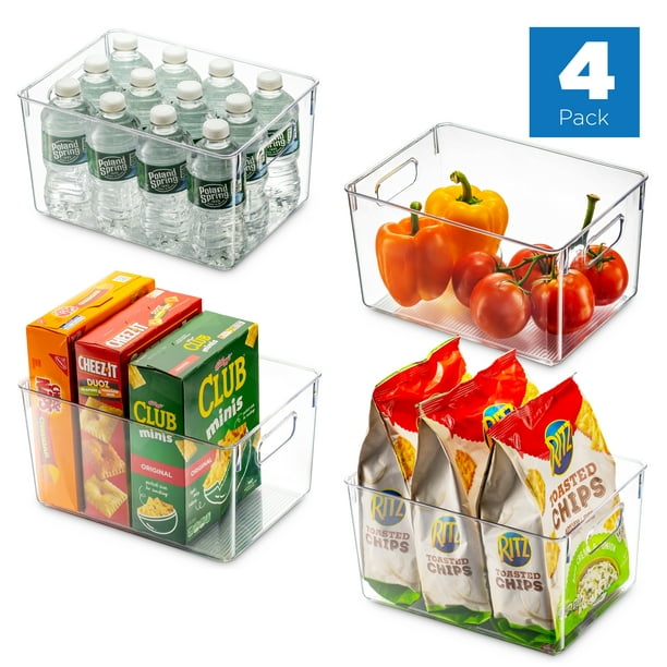 Set Of 4 Clear Pantry Organizer Bins Household Plastic Food Storage Basket with Cutout Handles for Kitchen, Countertops, Cabinets, Refrigerator, Freezer, Bedrooms, Bathrooms - 11" Wide