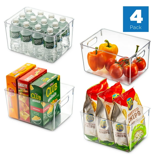 Set Of 4 Clear Pantry Organizer Bins Household Plastic Food Storage Basket with Cutout Handles for Kitchen, Countertops, Cabinets, Refrigerator, Freezer, Bedrooms, Bathrooms - 11" Wide