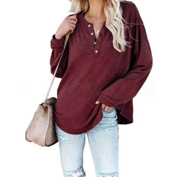 TEMOFON Women Blouses V Neck Long Sleeves Blouses Fall Casual Loose Tunic Tops Fashion Winered Button Down Tops for Women Size L