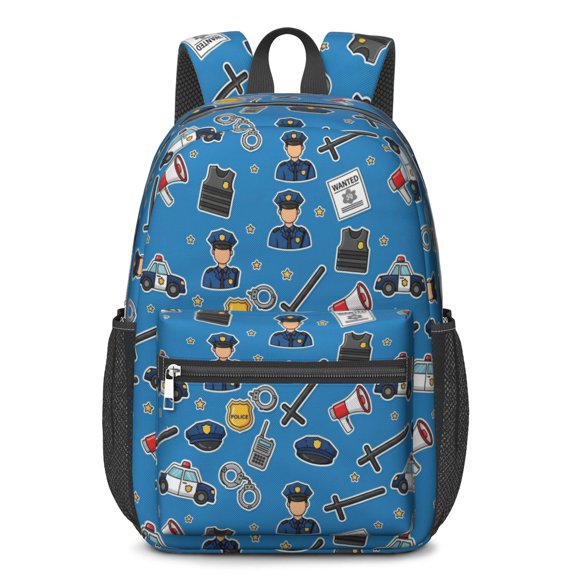 Police and Megaphone Blue Pattern 17" Waterproof Oxford School Backpacks for Teens, S-Shape Padded Straps, for School, Travel, Hiking, Camping