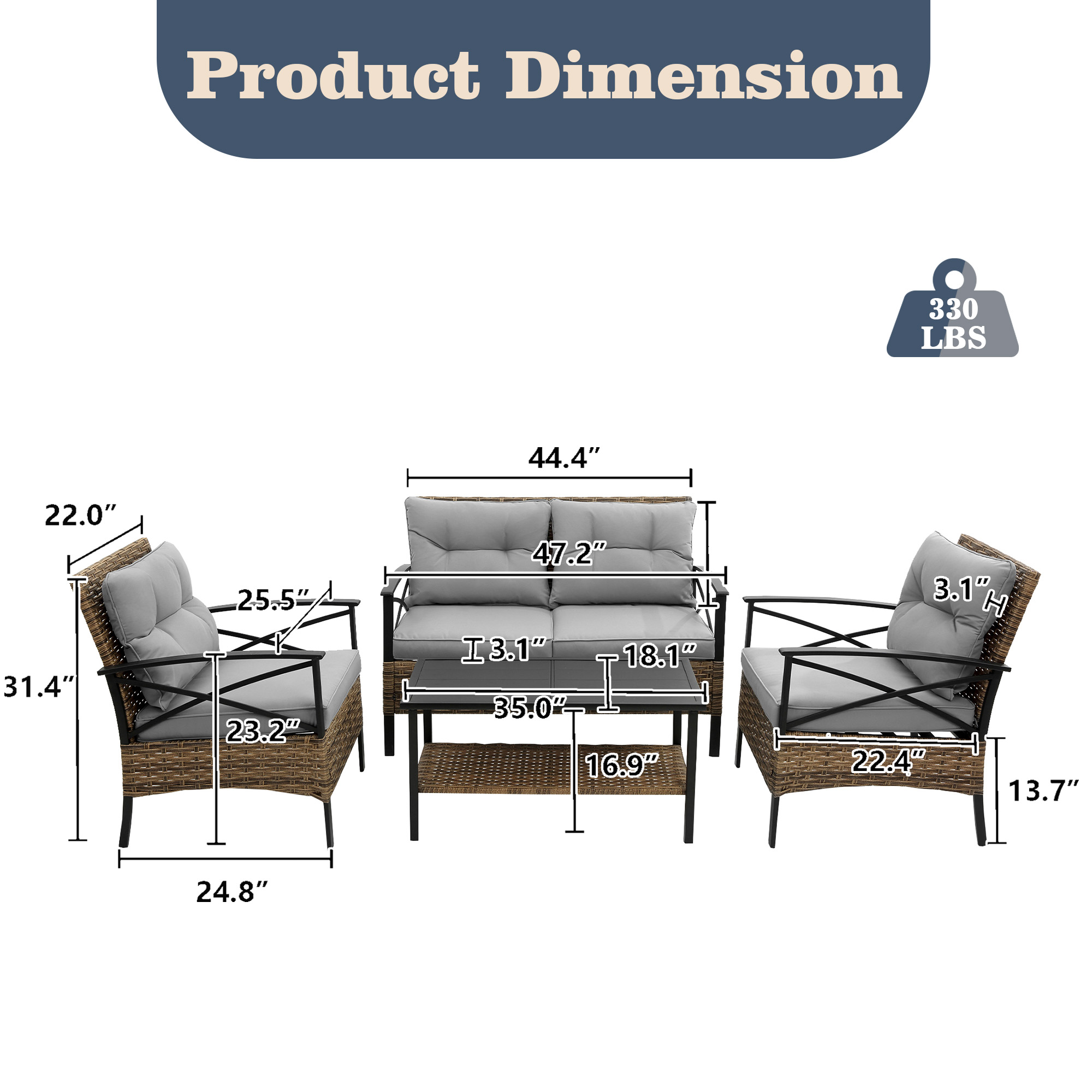 MOONMISS 4-Piece Wicker Outdoor Garden Furniture Corner Sofa Set With Cushions-Gray