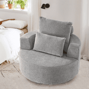 Fumahaus Upholstered Swivel Accent Chair, Oversized Comfy Round Sofa Chair with Two Pillows, Leisure Sofa Chair for Living Room Bedroom, Light Gray