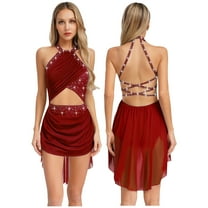 SiiRoh Women's Lyrical Dance Dress Glittery Cutout Strappy Backless Halter Skirted Leotard Dancewear Burgundy S