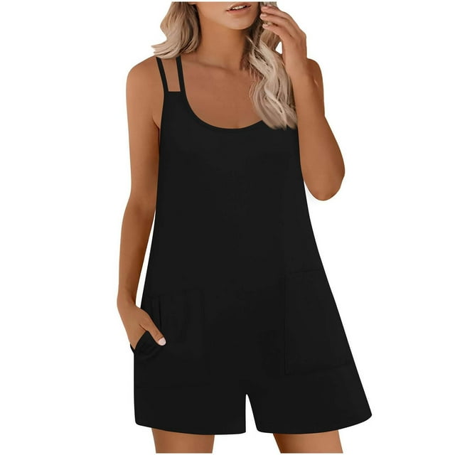 Yanlir Combinaison Sans Manches à Col Rond pour Femmes Shorts Couleur Unie avec Poche Détail Tenue Décontractée d'Été (Noir, G)