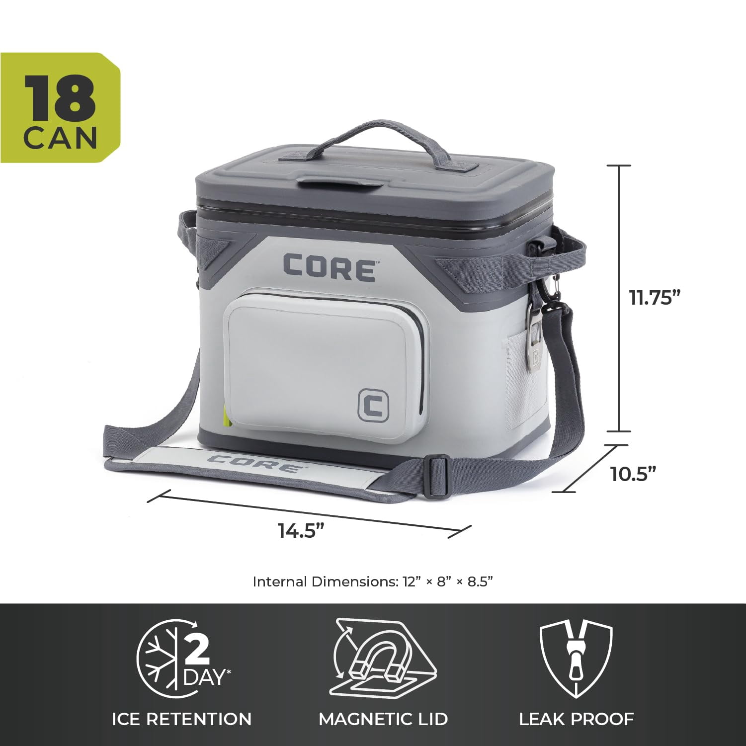 CORE 18 Can Climakeep Magnetic Soft Cooler, Leakproof Cooler, Waterproof Zipper, Shadow Gray