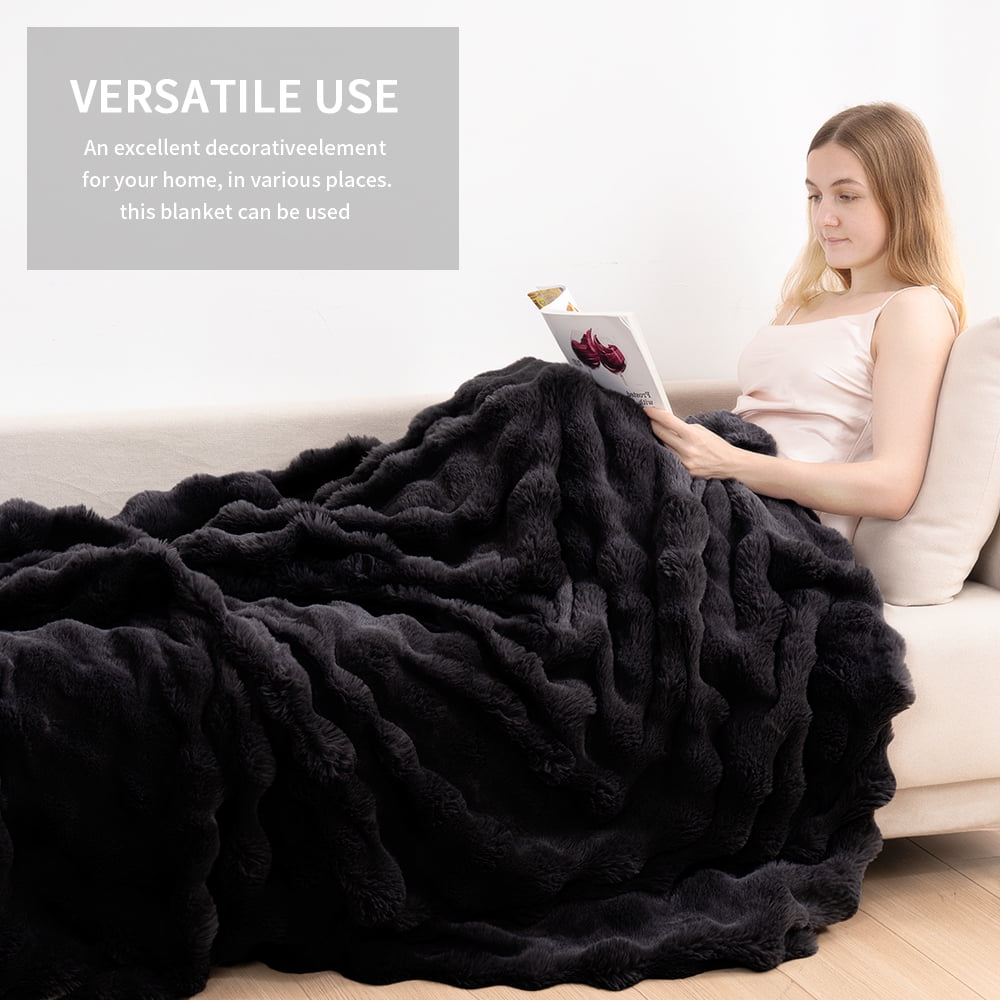 VK·LIVING Thick Ribbed Faux Rabbit Fur Cozy Reversible Throw Blanket,Super Soft 3D Striped Fuzzy Cozy Blankets,Black,60"x 80"