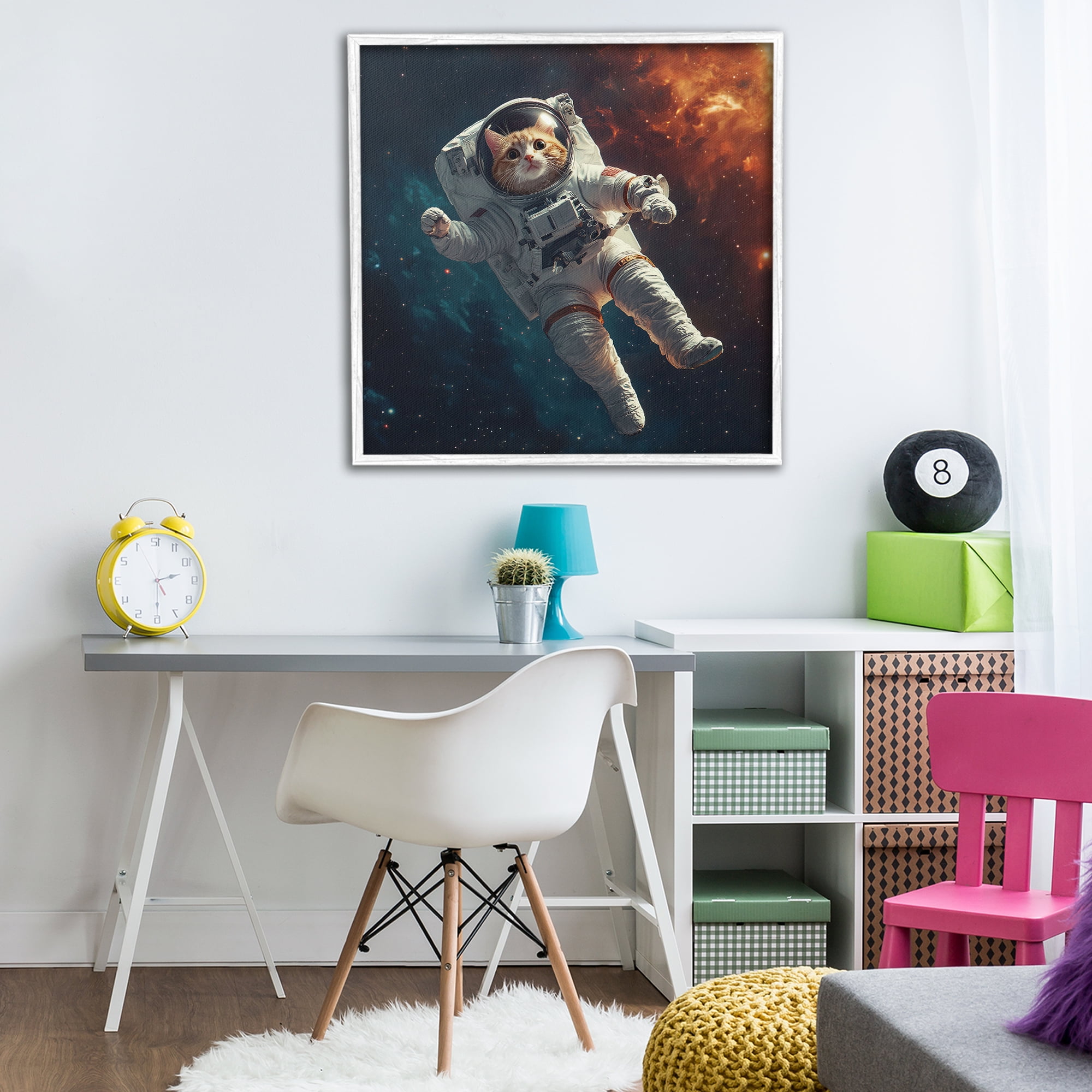 Interstellar Cat Astronaut White Framed Giclee Art, design by Jim Baldwin