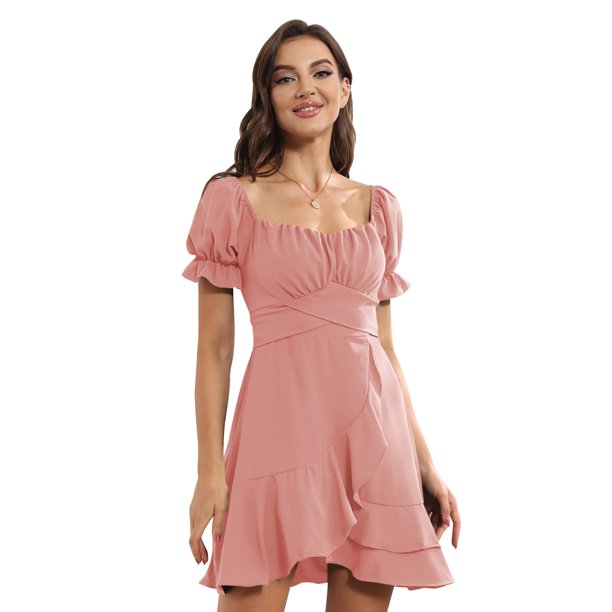TRKIYQC Mini vestido de mujer de manga corta con hombros descubiertos y dobladillo irregular con volantes vestido de verano para uso diario informal TRKIYQC moda