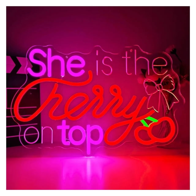 Letrero De Neón She Is The Cherry On Top Con Luz LED Regulable Para Bodas, Fiestas, Dormitorios, Salones De Belleza Y Decoración De Pared 42cmx26.7cm