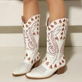 thumbnail image 3 of Mid Calf Cowboy Boots for Women Fashion Flame Embroidery Chunky Stacked Heel Pointed Toe Pull on Western Country Concert Cowgirl Boots White 9, 3 of 5