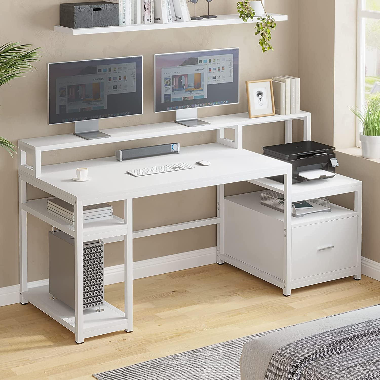 Sedeta Computer Desk with Hutch and Storage Shelves, 66" Large Home