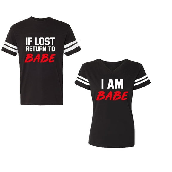IF Lost Return To Babe I am BabeUnisex Couple Matching Cotton Jersey style T-Shirt Contrasting stripes on sleeves (Men Black / Women Black) (Men S / Women S)