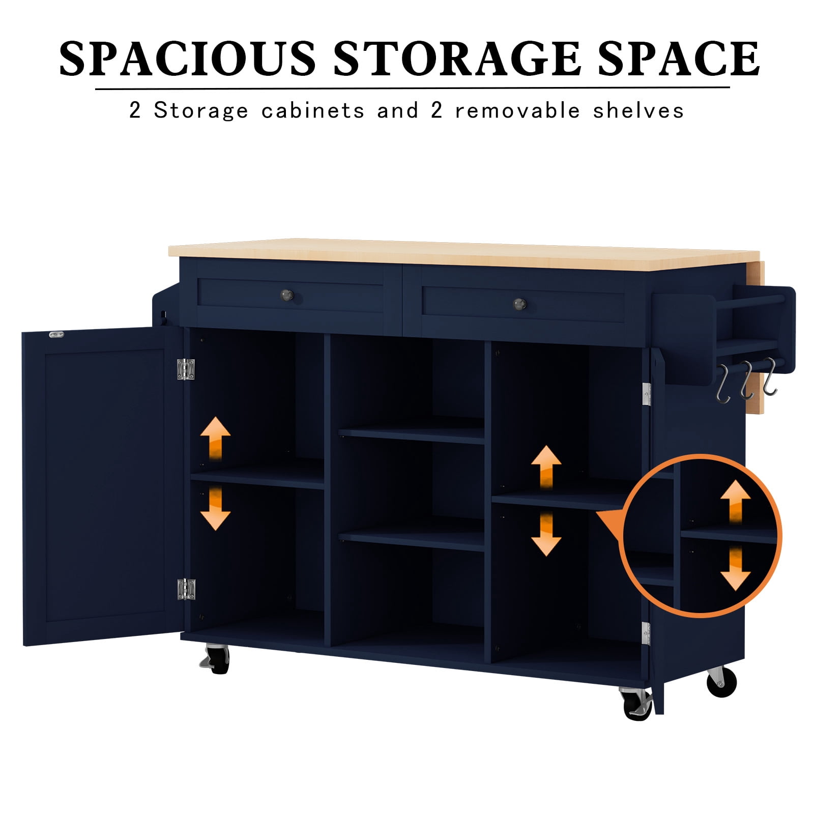HLR 51.7" W Rolling Kitchen Island On Wheels, Cart With Drop Leaf Countertop with Storage, Blue