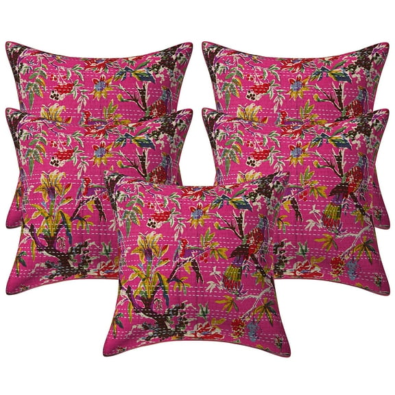 Stylo Culture Indian Chair Seat Throw Pillow Covers 16 x 16 Kantha Pink Printed 40x40 cm Home Decor Accent Pillowcase Cotton Bird Square Cushion Covers | Set Of 5