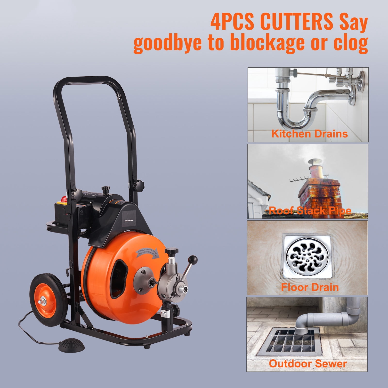 BENTISM Drain Cleaner Machine 100 FT x 1/2 " , Sewer Auger Auto Feed with 4 Cutter & Air-activated Foot Switch for 1" to 4" Pipes, Orange, Black