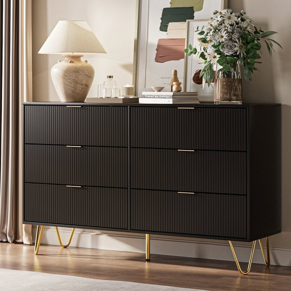 Space-Saving 6-Drawer Dresser Cabinet - Modern Black Vertical Grain Storage for Bedroom, Living Room & Entryway