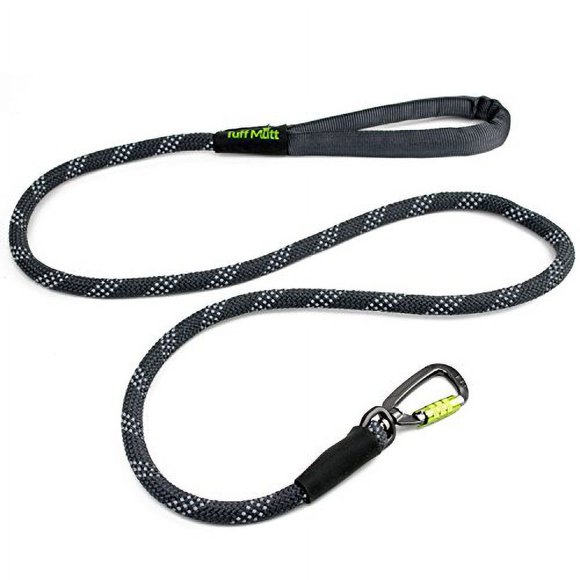 Tuff Mutt Dog Rope Leash with Lightweight Locking Swivel Carabiner, for Medium to Large Breeds, Comfortable Padded Handle, Reflective Stitching for Nighttime Safety and a Durable 5 Foot Long Lead