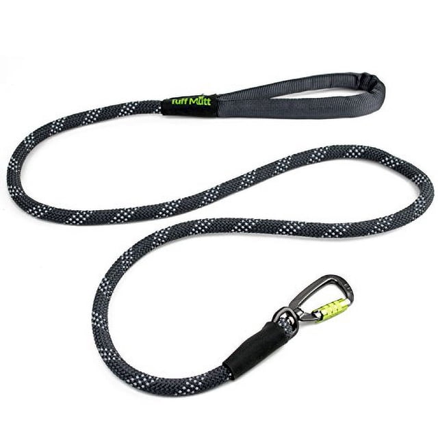 Tuff Mutt Dog Rope Leash with Lightweight Locking Swivel Carabiner, for Medium to Large Breeds, Comfortable Padded Handle, Reflective Stitching for Nighttime Safety and a Durable 5 Foot Long Lead