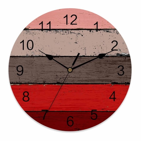 Wall Clock 14 Inch Farmhouse Rustic Wood Texture Round Silent Decorative Wall Clocks Battery Operated for Living Room Bedroom Kitchen Classroom Decor, Red Brown,Large