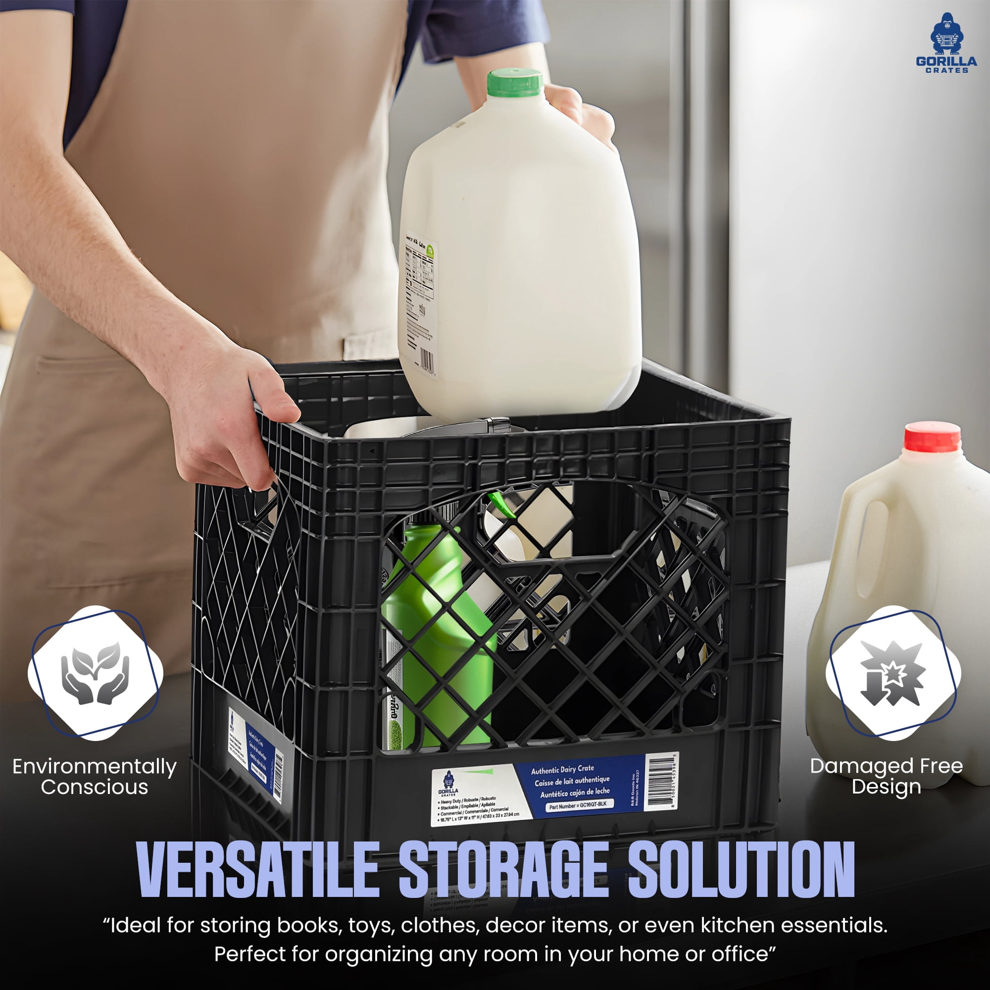 Gorilla Crates: Milk Crate: 16 Qt - Black - 13x13x11" Multi-Purpose Storage Solution, Stackable Organization, Heavy-Duty Plastic Bin, Built-In Handles