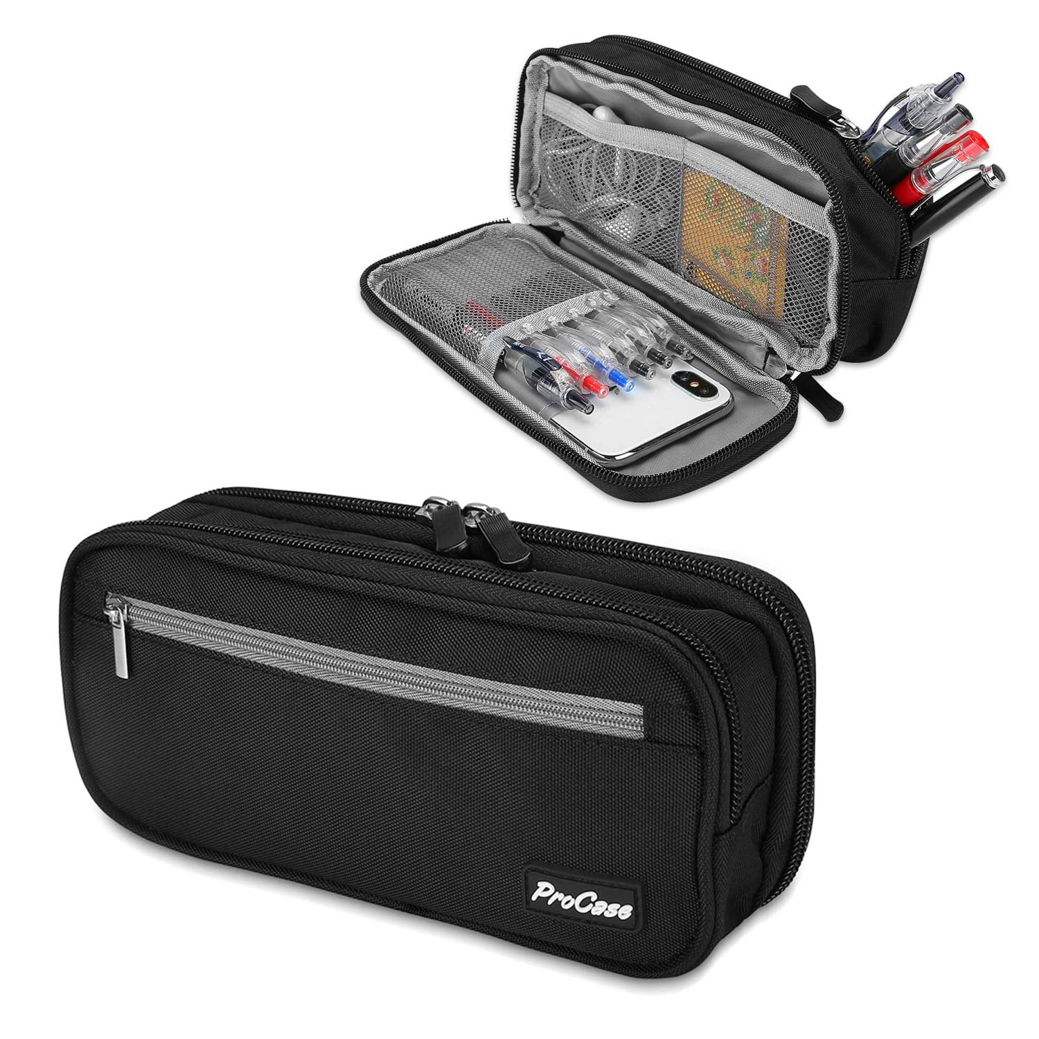 Pencil Case Pen Bag, ProCase Two Layers Big Capacity Pencil Pouch Pen Organizer Durable Stationery Holder for Marker Organization School Supplies Office Storage Desk Organizing -Black Blac
