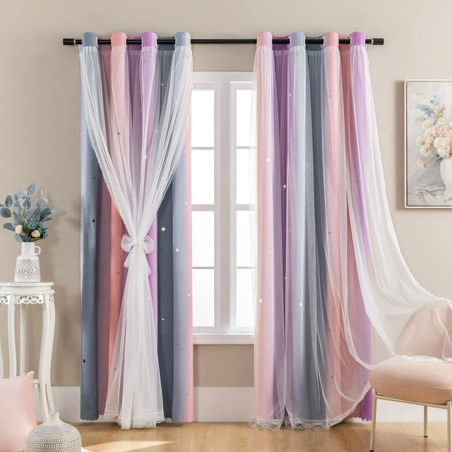 Cortina XiDi Rainbow Gris/Rosa con forma de estrellas opacas de doble capa