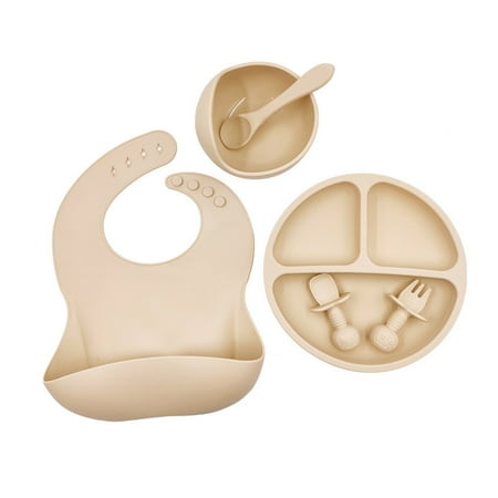 

6 Pcs Baby Silicone Bib Divided Dinner Plate Suction Bowl Spoon Fork Set Utensil