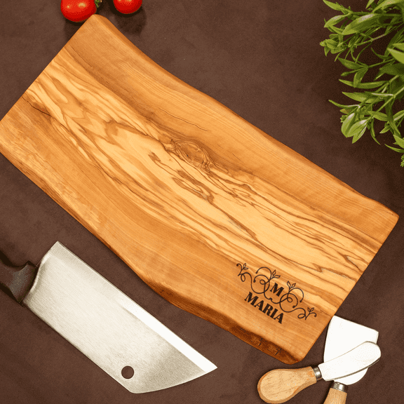 7x14 Personalized Olive Wood Cutting Board, Custom Engraved Charcuterie Board, Rustic Live Edge Serving Board