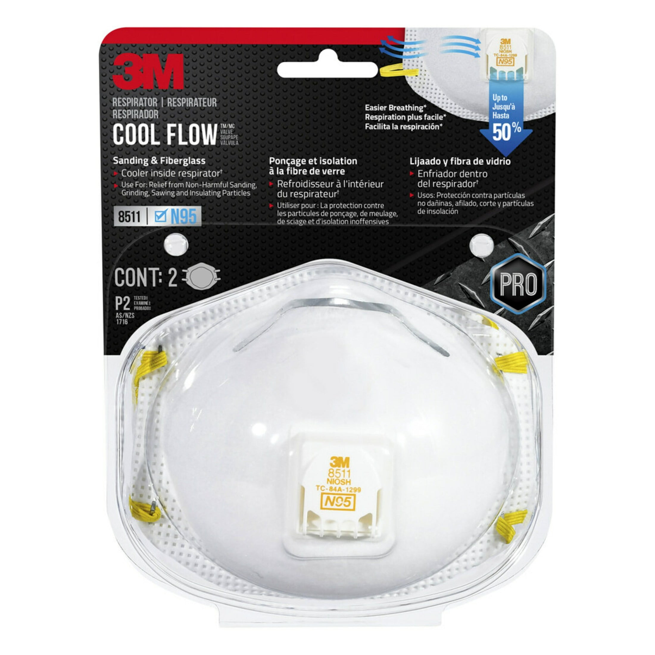(3 pack) 3M N95 Respirator 8511, Cool Flow Valve, White, Stretchable, 2 Safety Masks