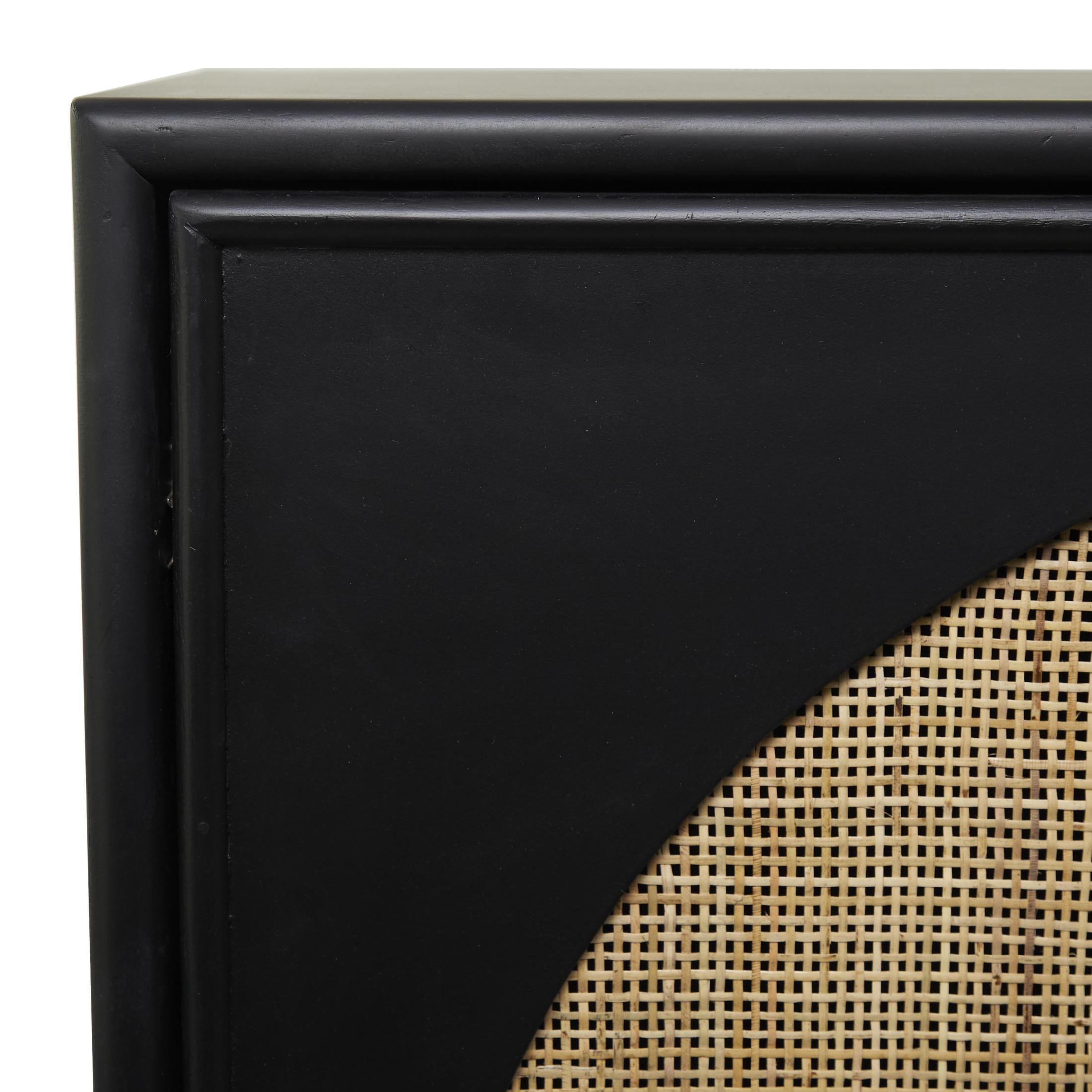 DecMode 36" x 43" Black Wood Square 2 Door Geometric Cabinet with Circular Rattan Accent, 1-Piece