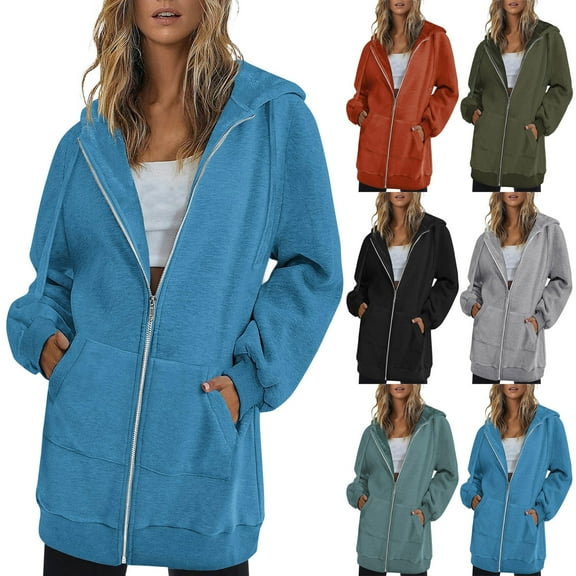 Brondbend Women's Long Hoodies Womens Pullover Sweatshirts Full Zipper Solid Color Long Sleeve Casual Hooded with Pocket Trendy Plus Size Fall Winter Lightweight Workout Versatile Clothes