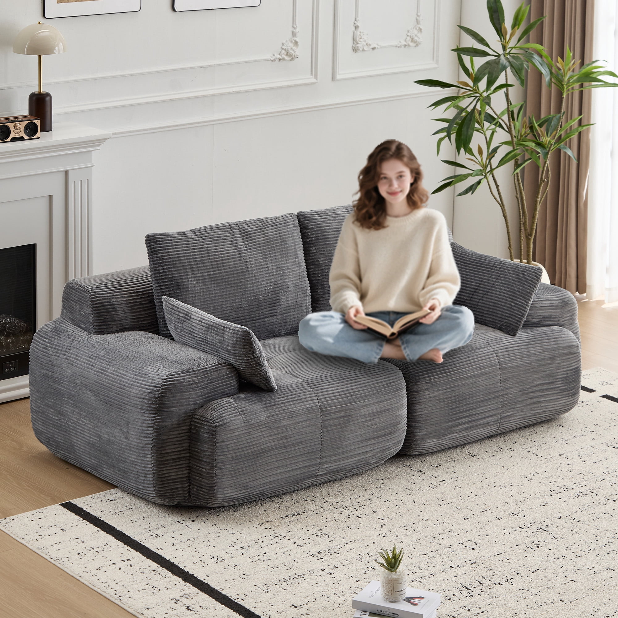 Miniyam 84" Corduroy Modular Sofa Couch with Cushions, Convertible Sectional Seating for Living Room, 1200 lbs Capacity, No Assembly, Gray