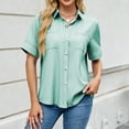 thumbnail image 2 of Olyvenn Button Down Shirts for Women Collared Casual Solid Short Sleeve Blouse Loose Fit Dressy Lapel V-Neck Tops with Chest Pocket Mint Green M, 2 of 7