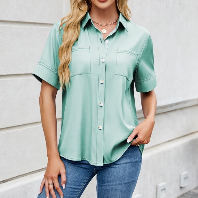 asjyhkr Womens Button down Shirts Short Sleeve Summer Causal Business Work Tops with Pockets Lightweight Comfy Soft Tees