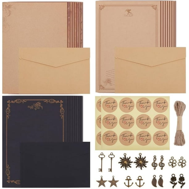 Set de papelería vintage con sobres y papel de carta (32 hojas), 16 sobres, 16 colgantes metálicos, 10,9 yardas de cuerda de cáñamo y 24 pegatinas.