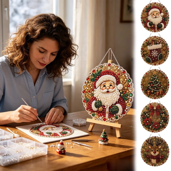 Christmas Pearl Diamond Art Hanging Ornament Kit - Diamond Art Suncatchers - DIY Pearl Bead Painting Kits for Adult, Christmas Party Decorations for Home Wall Decor