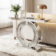 Crushed Diamond Console Table, Silver Mirrored Sparkling Table for Foyer, 5mm HD Mirror with Diamond Refraction, Sturdy Full Ring Crystal Base for Living Room Entryway