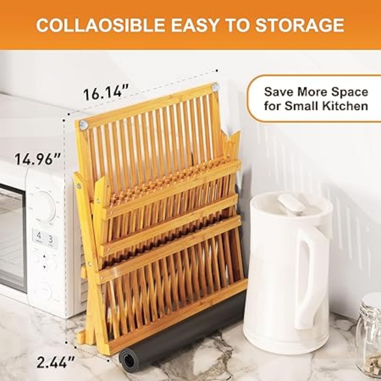 Bamboo Dish Drying Rack with Utensil Holder, 3 Tier Collapsible Dish Rack, Wooden Dish Racks for Kitchen Counter, Large Folding Drying Holder with Absorbent Dish Drying Mat