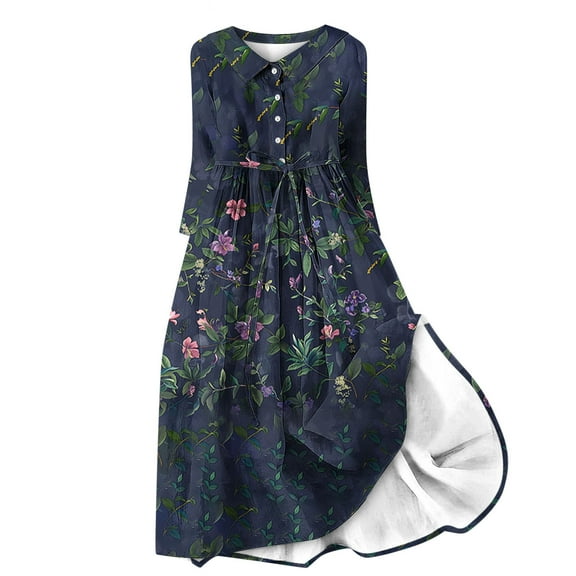 BangWanChi Sundresses for Women Long Dresses for Women Sundresses for Women Women Casual Temperament Elegant Loose Printed Lace Up Button Pleated 3/4 Sleeves Flip Collar Dress