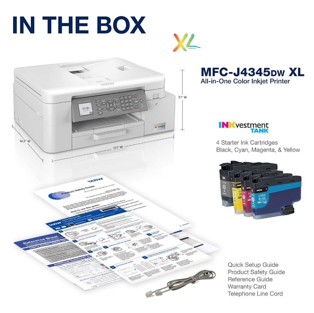 (OPEN BOX) BROTHER MFC-J4345DWXL – MULTIFUNCTION PRINTER – COLOR – INK-JET – A4/LEGAL (MEDIA) – UP TO 13 PPM (COPYING) – UP TO 20 PPM (PRINTING) – 150 SHEETS – 14.4 KBPS – USB 2.0, WI-FI(N)