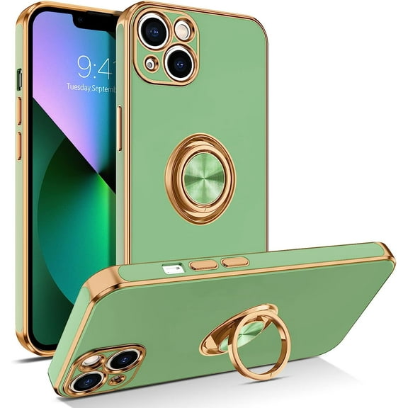 iPhone 13 Mini Case with 360° Ring Holder, Slim Fit Shockproof Kickstand Magnetic Car Mount Supported Non-Slip Protective Women Men Girls Boys Case Cover for iPhone 13 Mini 5.4",Light Green