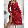 thumbnail image 5 of Women'S Polka Dot Wrap V Neck Belt Long Sleeve Pleated Maxi Dress Flowy Casual Long Dress Wine Red L, 5 of 8