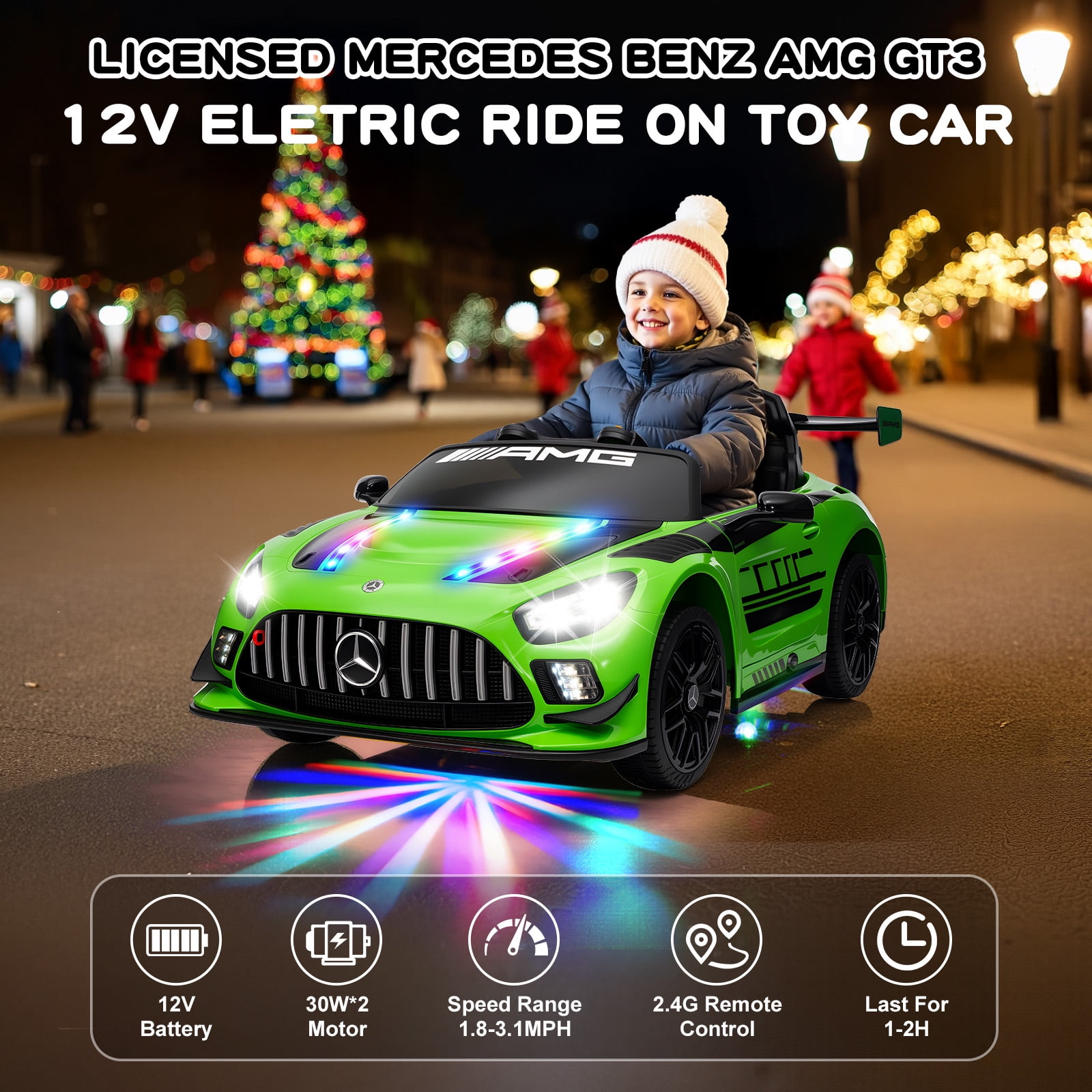 MUKIDY 12V Licensed Mercedes-Benz AMG GT3 Electric Ride on Car Toy for Toddler Kid w/ Remote Control, LED Lights, MP3 Player, Green
