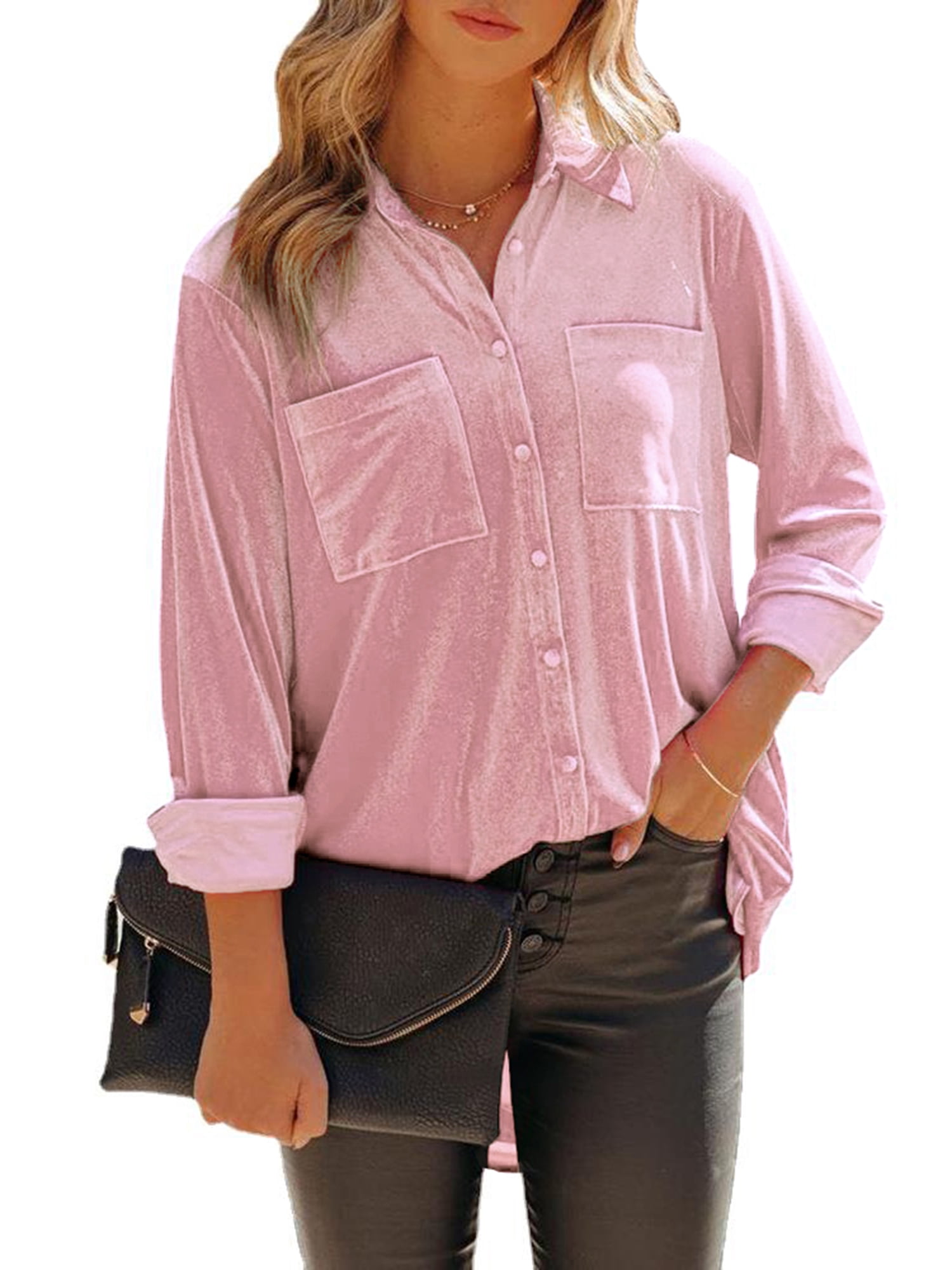JBEELATE Women's Casual Velvet Shirt Button Down V Neck Long Sleeve Loose  Long Blouse with Pockets - Walmart.com